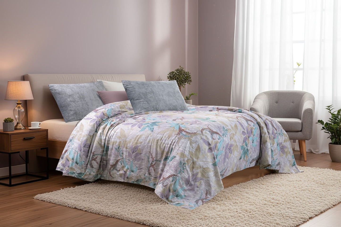 Bed sheet matching cotton 100% floral light gray